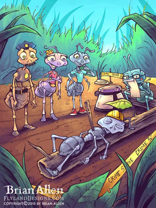 Chlidren’s book illustrations featuring a team of cartoon ant detectives