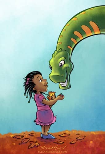 Children's Book Illustration of a dinosaur and little girl