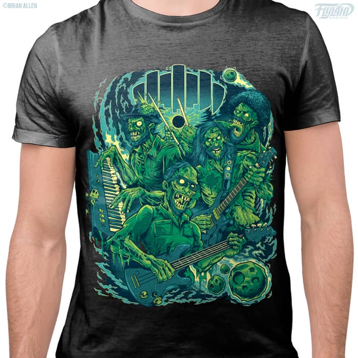 t-Shirt Design of Living Dead Zombie Band Playing Guitar, Keyboard, and Drums in Space during Meteor Shower