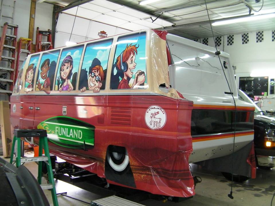 Graphic vehicle wrap illustration for amusement park ride