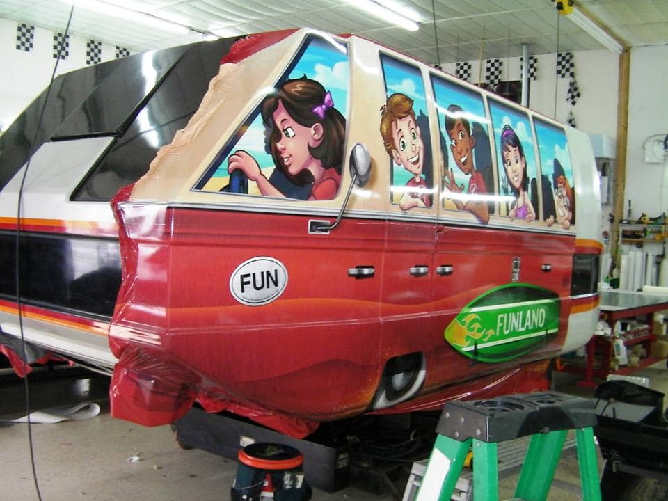 Graphic vehicle wrap illustration for amusement park ride