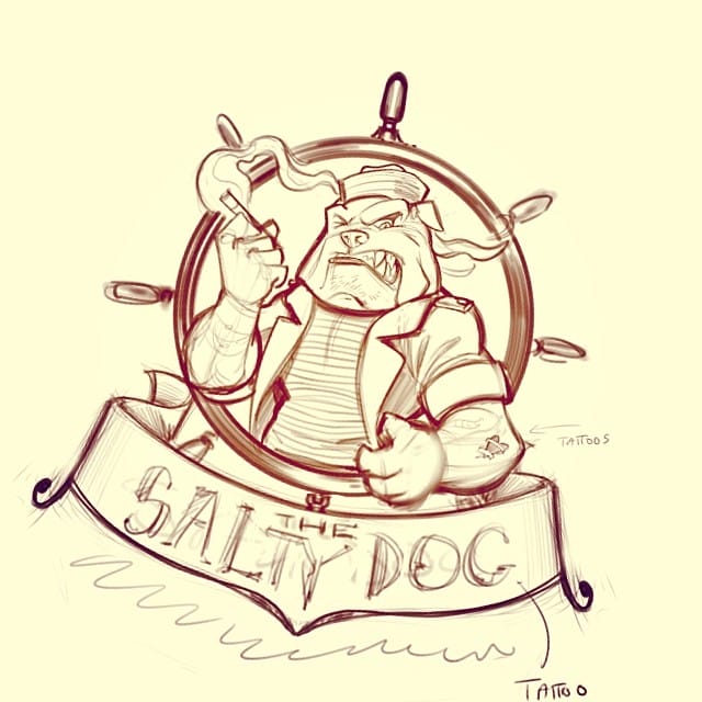 The sketch I did on a logo I did for a vaping shop called Salty Dog Vapor.