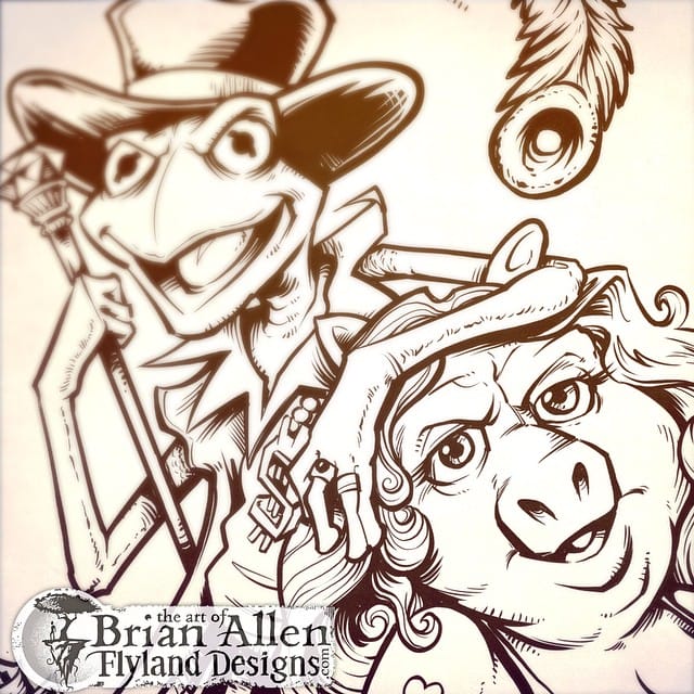 Inks for a new tshirt design called Pig Pimpin featuring Ms piggy and Kermit during darker times.Www.flylanddesigns.com