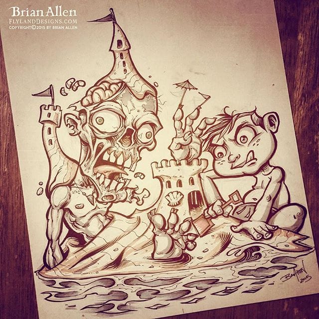 #Inktober Day 8!  Building sandcastles with my favorite zombie was always something I enjoyed as a kid.#beach #ink #zombie #art#illustration #tshirt #art #instaart #instaartist #picoftheday #igdaily #followme