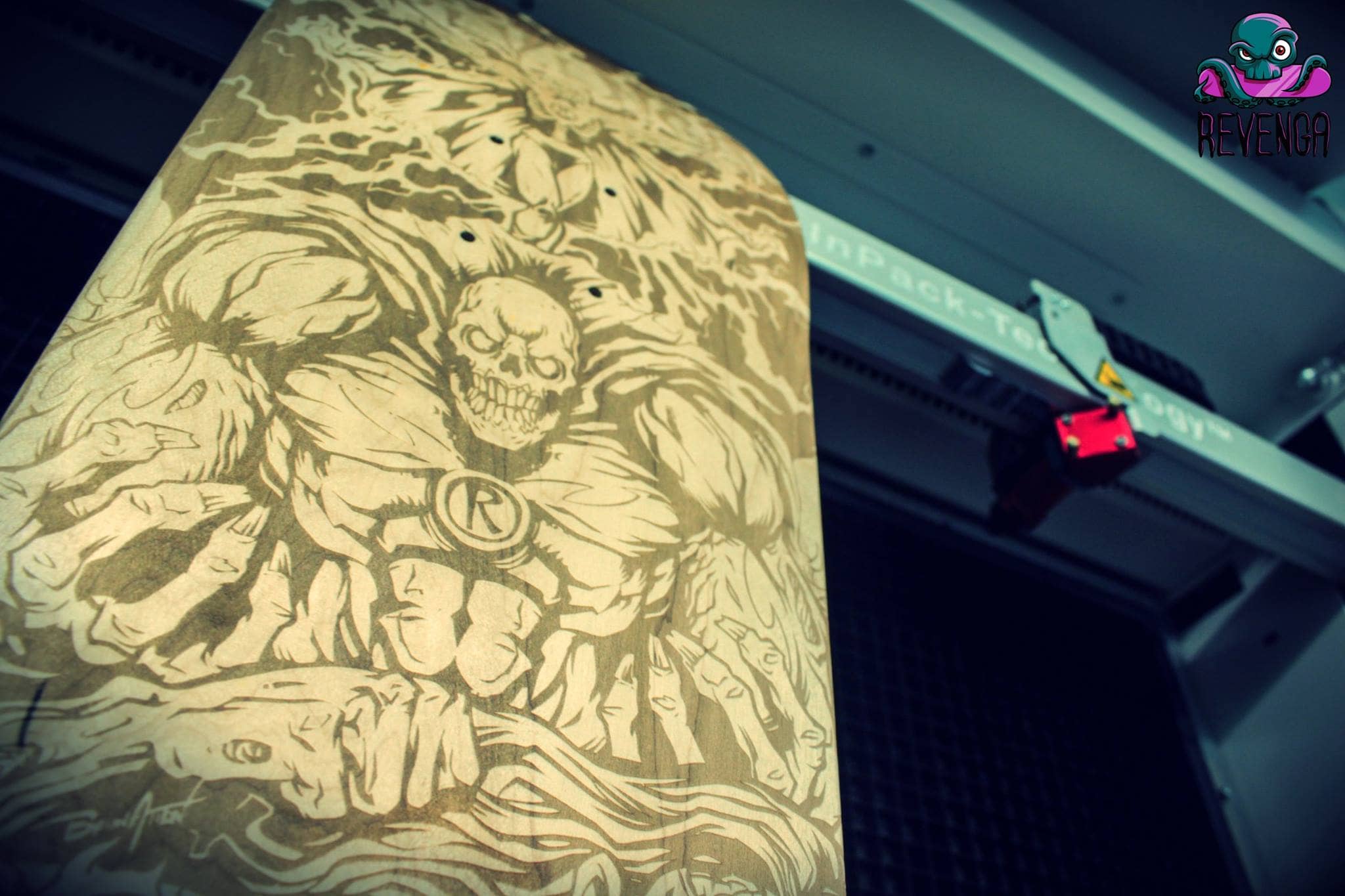 Laser-engraved skateboard design of a team of zombie superheroes