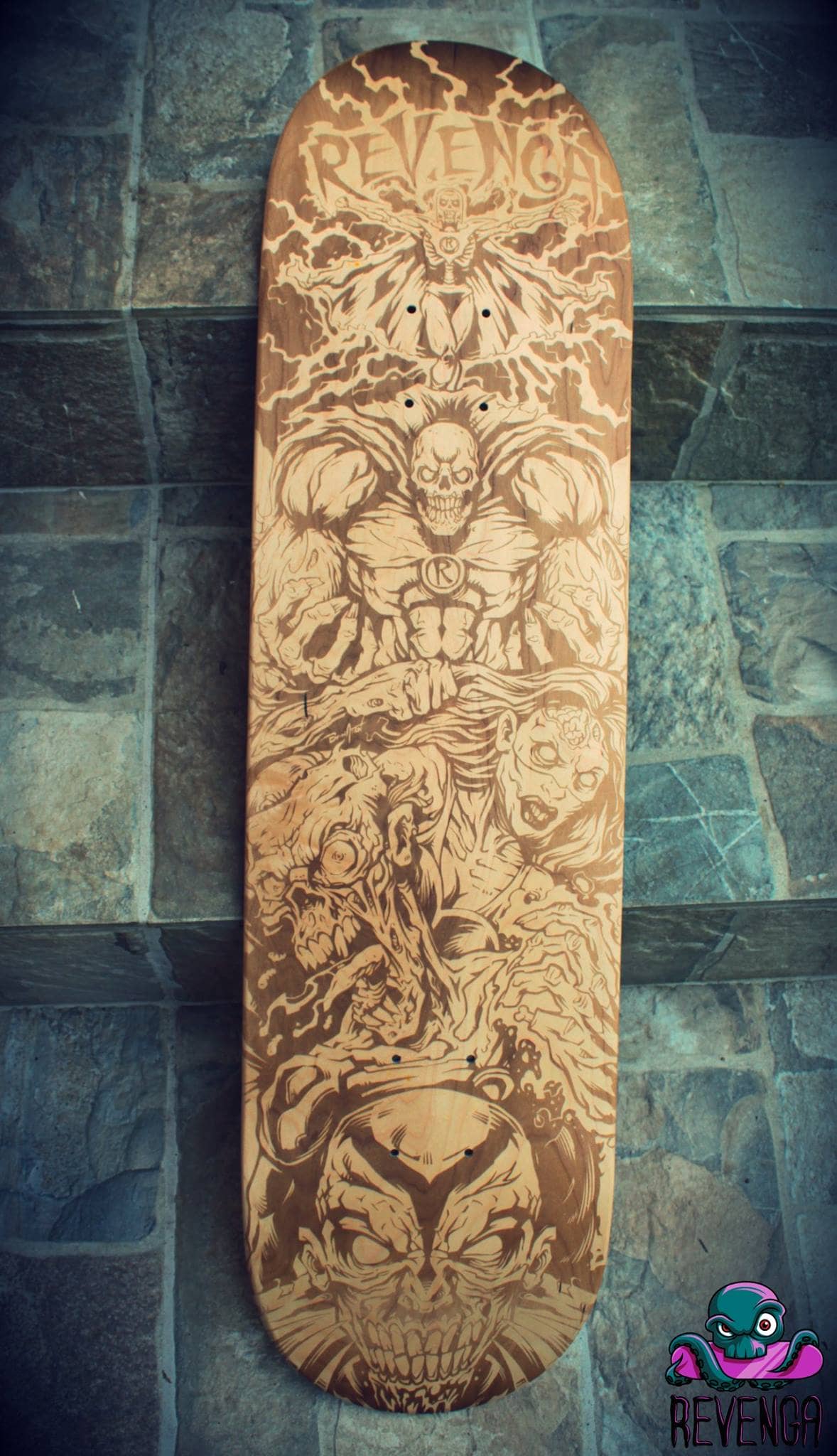 Laser-engraved skateboard design of a team of zombie superheroes