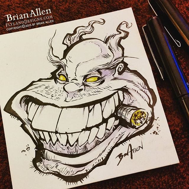 This drawing I did for #Inktober Day 15 shows another one of my early sources of inspiration - Todd McFarlane from Spawn.  This wasn't meant to look like the Violator character when I started drawing, but it turned out that way.  Pro Drawing Tip:  If your character isn't looking great, stick a cigar in his mouth.  Problem solved.#inktober #ink #sketch #clown #brush #blackandwhite #art #instaartist #brianallen