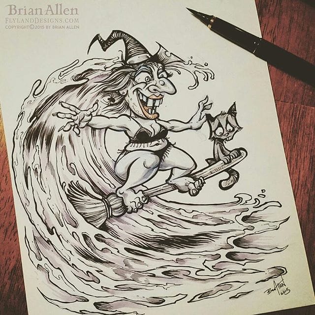 #Inktober Day 6!  I brushed out this witch broom-surfing on a wave - witches rarely get to show off their beach bodies.#witch #ink #sketch #brush #blackandwhite #art#mangastudio #photoshop #illustration #tshirt #art #instaart #instaartist #picoftheday #igdaily #followme