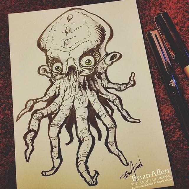 For day 23 of the #Inktober challenge, I drew this ink drawing of a bookish squid monster.  I'm not sure why, but this is one of my favorites for the whole month.  Thanks for all the positive feedback, people!#inktober #squid #ink #sketch #brush #blackandwhite #art #instaartist #brianallen