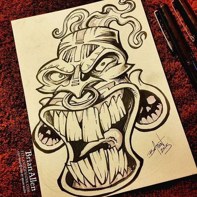 Day 18 of #Inktober and #Drawlloween - My brain wasn't working today, so I decided to draw my go-to idea when I'm out of ideas:  the tiki #mask.  Thanks for all the encouraging support!#inktober #drawlloween #mask #tiki #ink #sketch #brush #blackandwhite #art #instaartist #brianallen