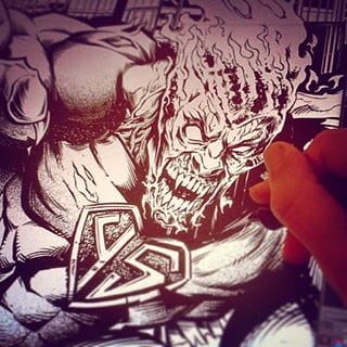 Inking a t-shirt I created for the record label #YellowStripe - the idea was to create a superhero who has gone mad, and destroyed an entire city as a result.  I'm all about deep meaning in my artwork.#superhero #tshirt #recordlabel#mangastudio #photoshop #illustration #tshirt #art #instaart #instaartist #picoftheday #igdaily #followme