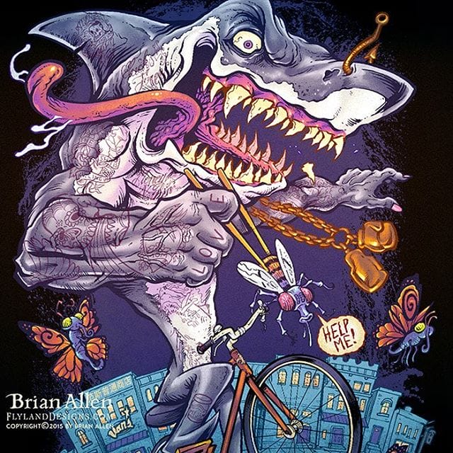 #Van’sGeneralStore in NYC hired me to create this insane #illustration of a crazy #tattooed #shark riding a bike through the city. This was designed for a set of jackets as promotional gifts for the employees - the illustration is packed with symbols that represent different aspects of all their personalities.  No need to explain, it wouldn’t help!  Had a lot of fun with this. New Artwork From Instagram