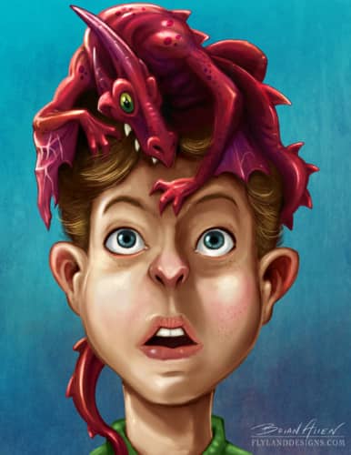 Digital painting I created in Photoshop of a surprised boy and his new pet dragon.