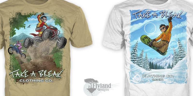 T-Shirt illustrations of a young man snowboarding and riding a dirtbike