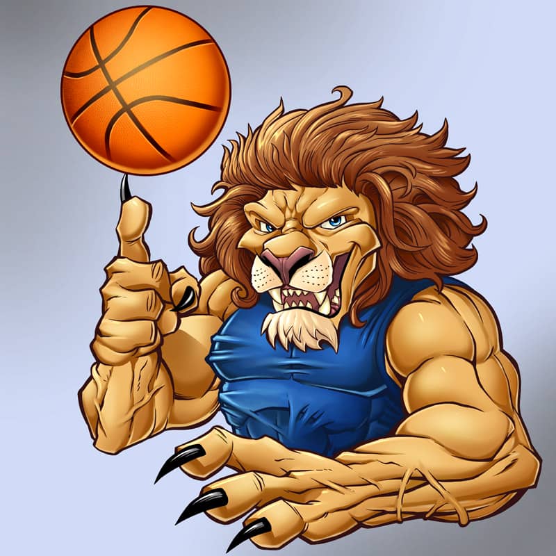 Mascot character design of a lion playing basketball