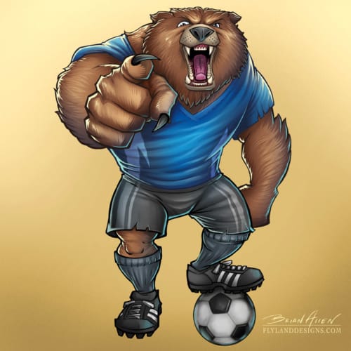 Mascot illustration of an angry soccer-playing bear. Created for Great Dane Graphics using Manga Studio 5 and Adobe Photoshop