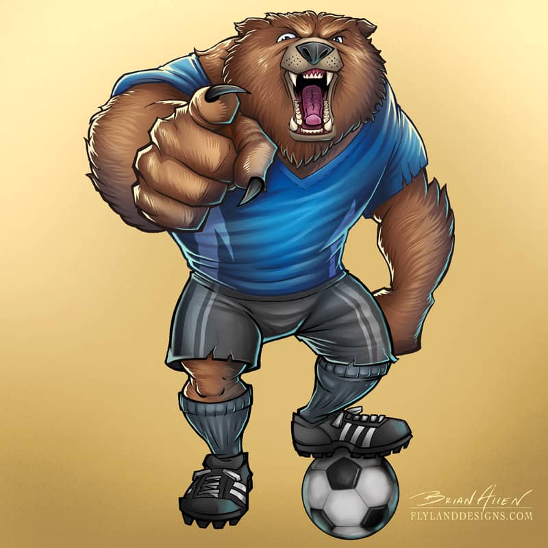 Mascot illustration of an angry soccer-playing bear.