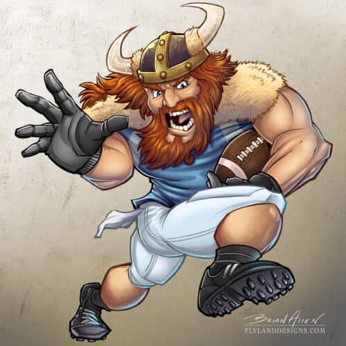 Mascot illustration of a viking playing football. Created for Great Dane Graphics using Manga Studio 5 and Adobe Photoshop