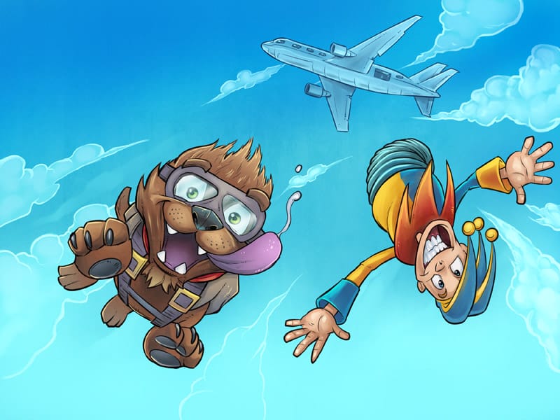 Illustration of a jack-in-the-box and a dog jumping from an airplane