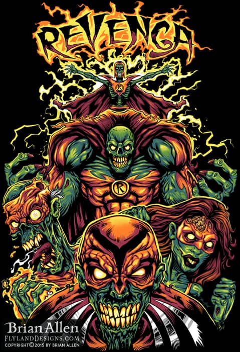 Laser-engraved skateboard design of a team of zombie superheroes