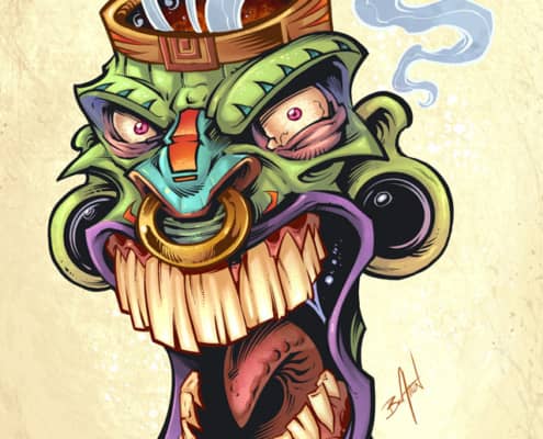 This was an illustrated tiki head I created as a personal project for a line of promotional stickers, as well as a series of drawing and painting tutorials I created for my YouTube channel about Manga Studio 5 to help promote my new set of custom brushes.