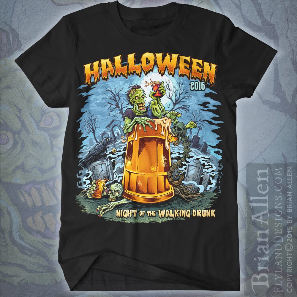 Zombie in graveyard drinking a beer sitting in giant beer mug for halloween t-shirt.