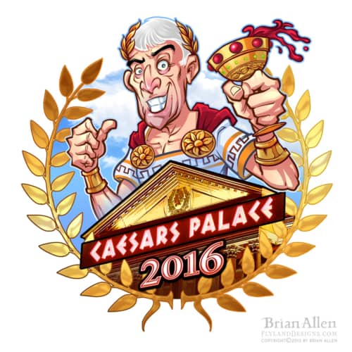 Russ logo of a cartoon Julius Caesar standing in front of a Caesar’s Palace