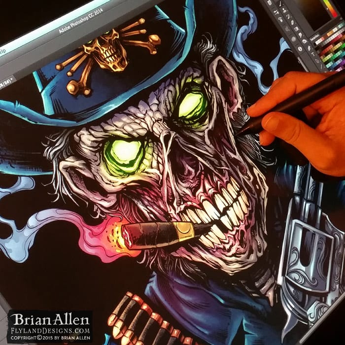 Zombie police officer illustration holding a gun and smoking cigar