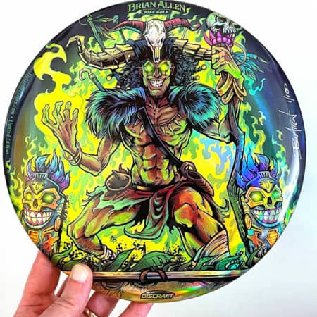 Witch Doctor and Tikis Discraft Buzzz Limited Edition artwork by Brian Allen printed on Disc Golf Discraft discs printed by Detroit Disc Company