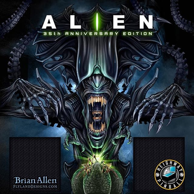 I can FINALLY post this! Official Alien illustration I created for the backglass of the new Limited Edition Pinball Machine licensed from 20th Century Fox and built by Heighway Pinball!!! Exclamation points!!⠀We had to turn this around on a super quick deadline, racing to release the artwork on Alien Day in 2017.  HR Giger, the genius behind the Alien creature concept, was one of my very first artistic inspirations when I was a kid, so it was a great compliment to be able to play around in his shadow a little.#pinballart #pinball #alienpinball #alien #giger #backglass #heighway New Artwork From Instagram