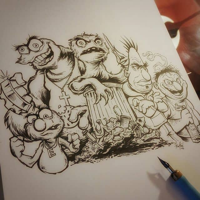 I decided to #ink this #SesameStreet Gang parody on paper with a #brush pen and nib - felt good to get my eyes away from the screen for a moment.⠀Illustrated by Brian Allen, FlylandDesigns.com⠀#tshirt #mangastudio #photoshop #illustration #art #instaart #instaartist New Artwork From Instagram