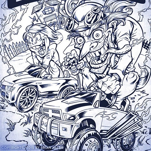 #Ink drawing of a #MadScientist #racing a souped-up power wheel for a fun client - more to come. ⠀#mangastudio #photoshop #illustration #tshirt #art #instaart #instaartist #picoftheday #igdaily #followme