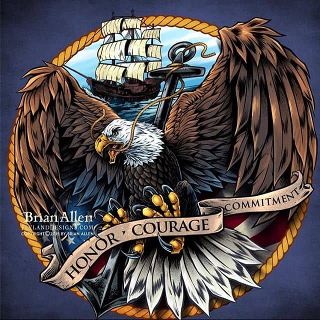 #Illustration of an angry and intense #eagle in front of an American flag in front of a shield similar to the #navy emblem I created for decals and apparel.Illustrated by Brian Allen, https://www.flylanddesigns.com/#patriotic #mangastudio #photoshop #illustration #art #instaart #instaartist