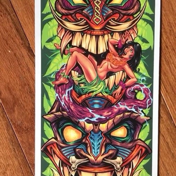 Thanks for all the great feedback on my Tiki skate deck design - I just picked up these prints - colors turned out great - pick one up in my shop for $15 https://www.flylanddesigns.com/shop/ #skateboardart #tikiart #artprint #beachart