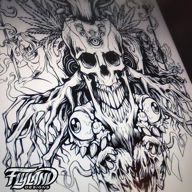 Working on a personal #Cannabis themed artwork for release tomorrow - trying to take out some time to be more experimental. I inked this completely on the iPad Pro, and I'm really pleased with it. #420art #420artist #mangastudio #clipstudiopaint #ipadproart #skullart #psychedelicart #hire