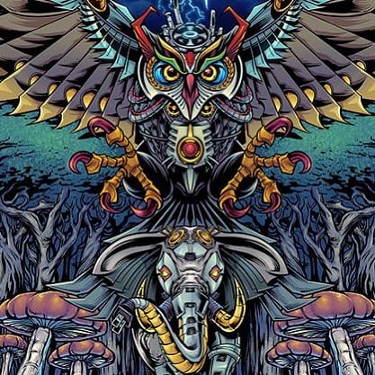 This was a really fun, trippy, and detailed illustration I created for @wazshop_ of a mechanical elephant and owl for a line of all-over print apparelto be sold at festivals and concerts. #hire #tshirtdesign #tapestry #owltattoo #psychedelicart