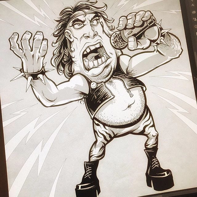 Aging 80's metal character I'm creating for a brand's packaging design - Really crammed into those leopard pants #sketch #wip #pencildrawing #mascot #characterdesign #clipstudiopaint #mangastudio #illustration #hire