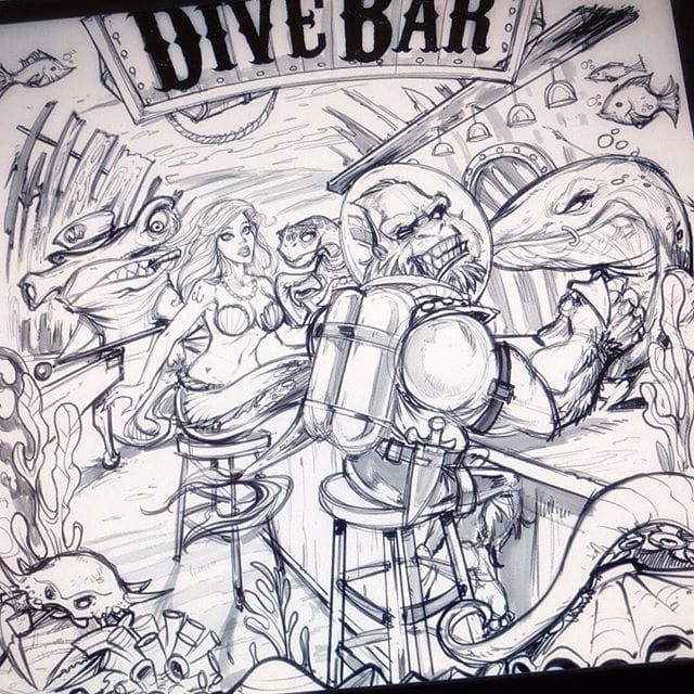 Pencil #sketch for one of my favorite illustrations from last year of an underwater #dive bar drawn in #clipstudiopaint #art #mangastudio #clipstudiopaint #illustration #tshirtdesign #freelance #hire