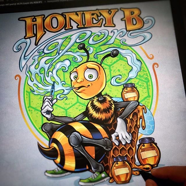 Logo design I created for the #vaping company Honey B Vapors of a chill #honeybee vaping (because bees hate smoke) on his honeycomb throne. #logodesign #characterdesign #clipstudiopaint #mangastudio #illustration #hire