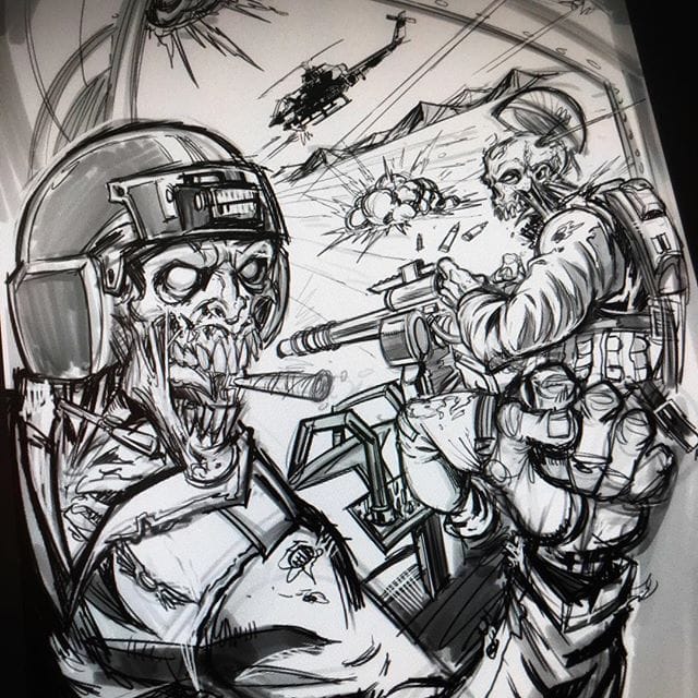 Zombies can do anything if they just put their hearts in it. Sketching a zombie helicopter crew #art #mangastudio #clipstudiopaint #illustration #tshirtdesign #freelance #hire #zombies