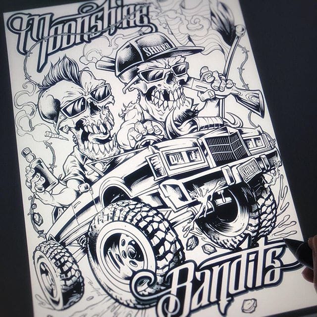 I had the chance recently to work with the legendary @moonshinebandits - here's a peek at the ink drawing for their design, featuring their signature off-road limo, and two guys as skeletons! #moonshinebandits #bandart #bandmerch #skeletonart #skullart #flylanddesigns