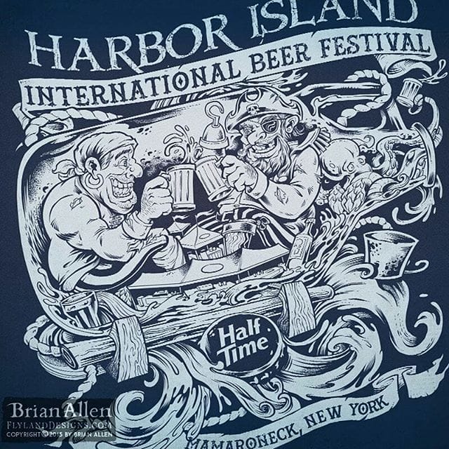 My friend’s at #HalfTimeBrewing Company recently hired me to illustrate this detailed single-color t-shirt design for a huge #beer festival they were attending featuring two drunk #pirates floating in a growler bottle on the open sea.  The shirt was a huge hit, and we were all really happy with how it turned out.Illustrated by Brian Allen, https://www.flylanddesigns.com/#pirates #festival #silkscreen #mangastudio #photoshop #illustration #tshirt #art #instaart #instaartist #picoftheday #igdaily #followme