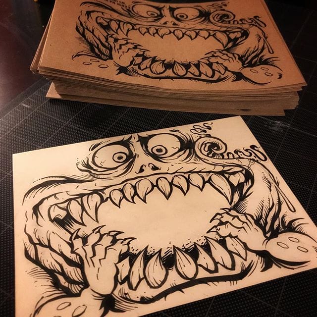 I drew up this friendly creature for my protmotional mailers and sticker packs. Printed them out on some nice parchment-style envelopes I grabbed in my laser printer. Turned out great! the original envelope drawn with a @Pentelbrushpen ! #creatureart  #promotionalart #evnelopeart  #illustration #art #instaart #instaartist #hire