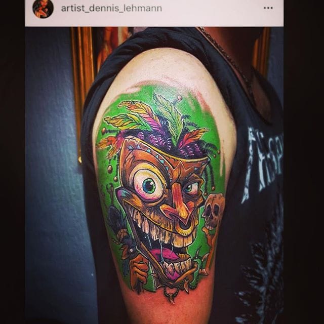 It's always so humbling to see total strangers with my artwork tattooed on their flesh! @artist_dennis_lehmann Dennis Lehmann did an incredible job recreating my tiki guy mascot. I also really appreciate when tattoo artists like this ask my permission first - so many do. I'm planning on designing something similar for myself.#tikiart #tikitattoo #tatoo #tiki