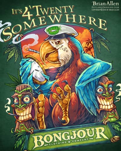 T-Shirt illustration of a parrot and tiki heads marijuana themed