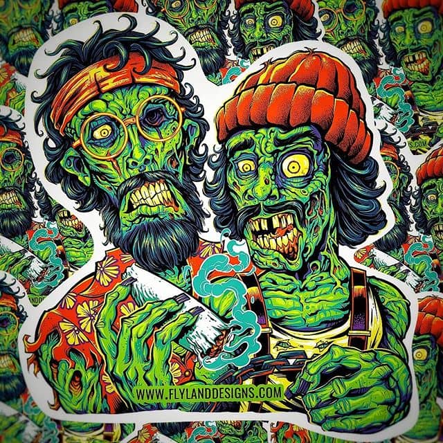 I put my Cheech and Chong zombie illustration on stickers last year, and it's still my most popular design - grab it in my shophttps://www.flylanddesigns.com/shop/#cheechandchong #upinsmoke #zombie #vinylart #vinylcollector #stickerslap #stickerart #diecutstickers