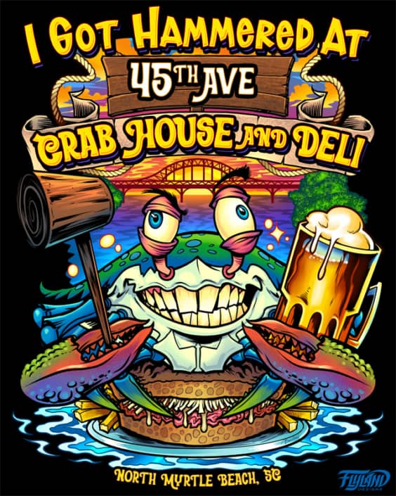 A t-shirt design I created of a crab  enjoying a sandwich while holding a mallet and beer for a restaurant.