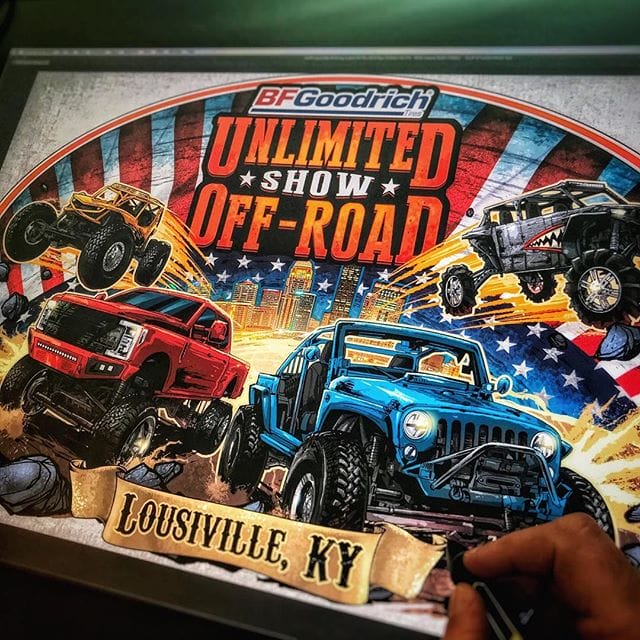 illustration I created for my friends at Unlimited Off-Road, a huge Jeep and offroad expo in Louisville Kentucky - There are so many artists that just kill it at painting realistic cars and trucks, that I decided to take a messier, line-art driven approach. Made a really sharp t-shirt and poster!#jeepart #offroad #unlimitedoffroadexpo#art #originalartwork #mangastudio #clipstudiopaint #illustration #tshirtdesign #tshirtart #hireanillustrator #freelanceartist #wacomcintiq