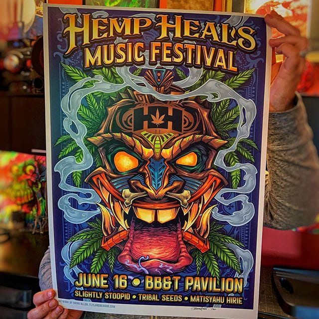 Bringing this official poster for the Hemp Heals Music Festival featuring Slightly Stoopid this Sunday June 16 • Limited to 50 • Availble in my shop too • Never been to this festival - really anxious to see what kind of turn out there will be.These are bigger than my normal prints - 14"x20" on really nice card stock paper with archival inks. All signed and numbered by me.Anyone near New Jersey/Philly area going to this?•#hempheals #hemphealsfoundation #hemphealsfestival #cannabisfestival #slightlystoopid #slightlystoopidconcert #cannabis #marijuana #tikiart