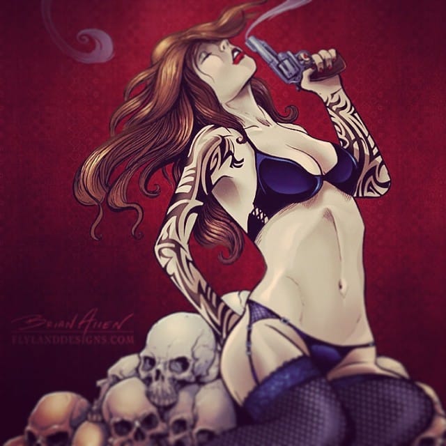 This illustration of a girl sitting on a pile of skulls with a smoking gun,was done for a skateboard deck company called Project Decks.